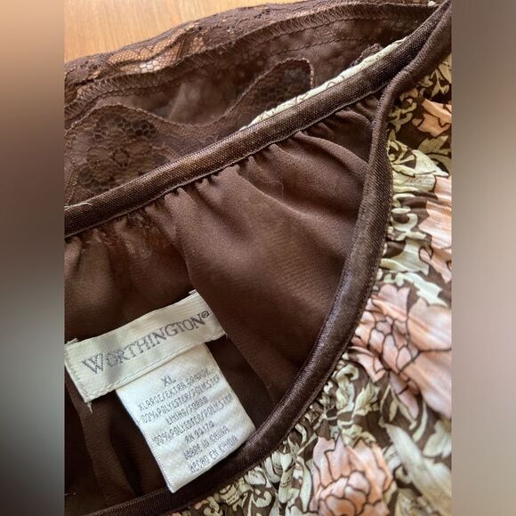 Worthington Chiffon Pleated Brown Layered Floral Midi Skirt Elastic Waist XL - Picture 8 of 11